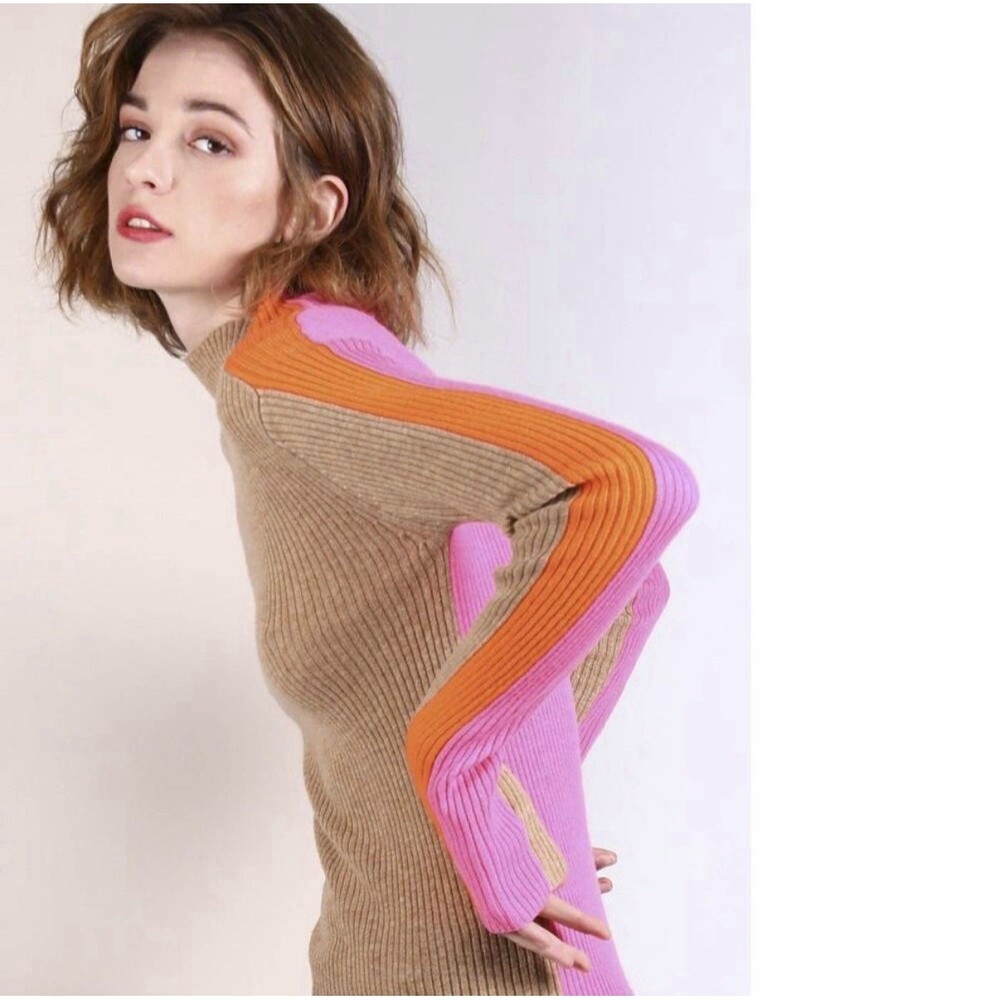 Vilagallo Women’s Ribbed Sweater Size S Wool Blend Brown Pink Orange Colorblock